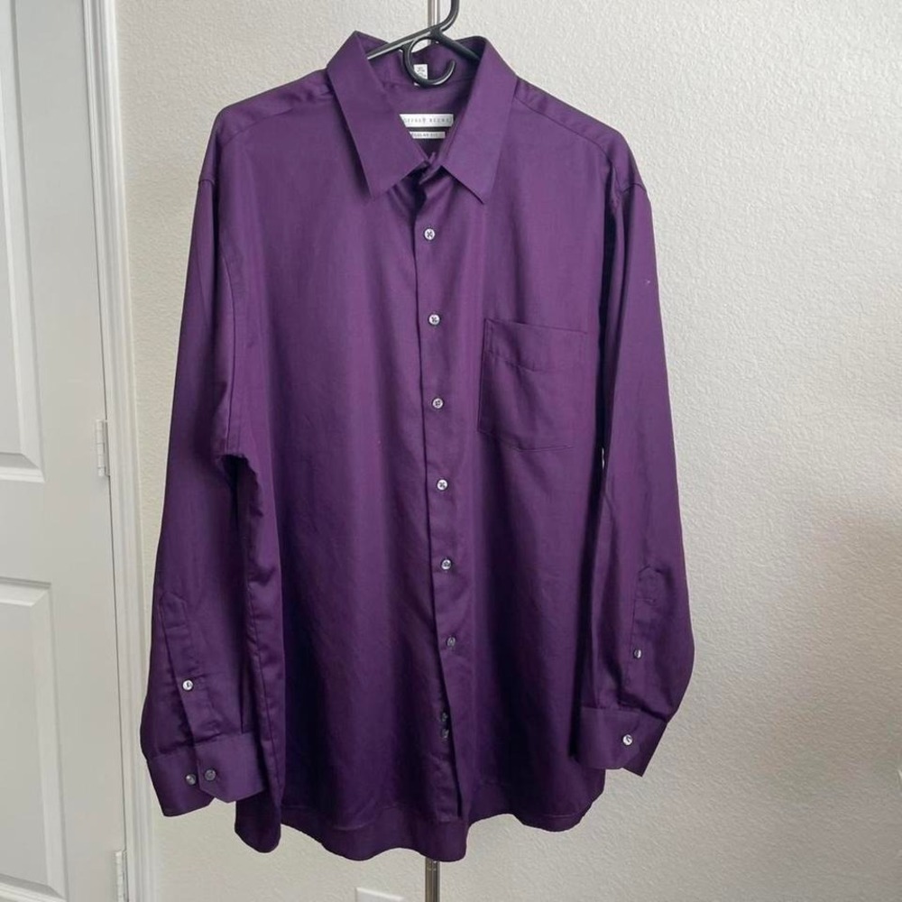 Geoffrey Beene Mens Dress Shirt 17 1/2 34/35 Regular Fit Wrinkle Free Purple